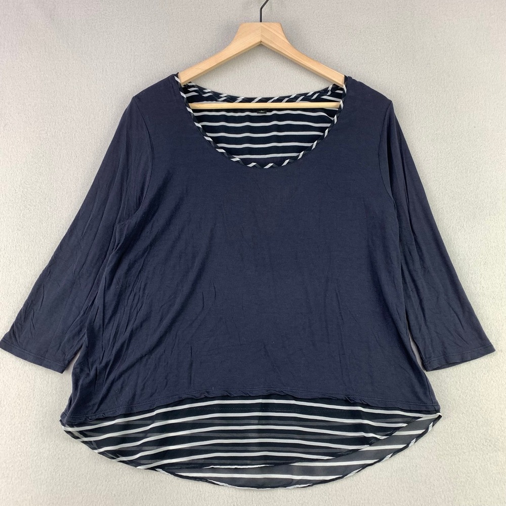 Ann‎ Taylor Blouse Women L Blue Striped 3/4 Sleeve Layered Office Career